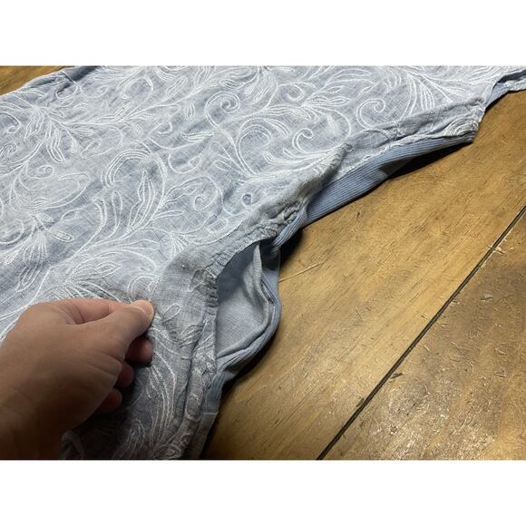 LINA TOMEI Chambray Blue Coastal Embroidered 100% Linen Dress Large Italy - Picture 6 of 11